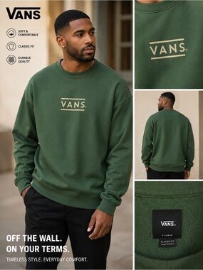 Vans Men's Crewneck Sweatshirt in Forest Green with Tan Logo